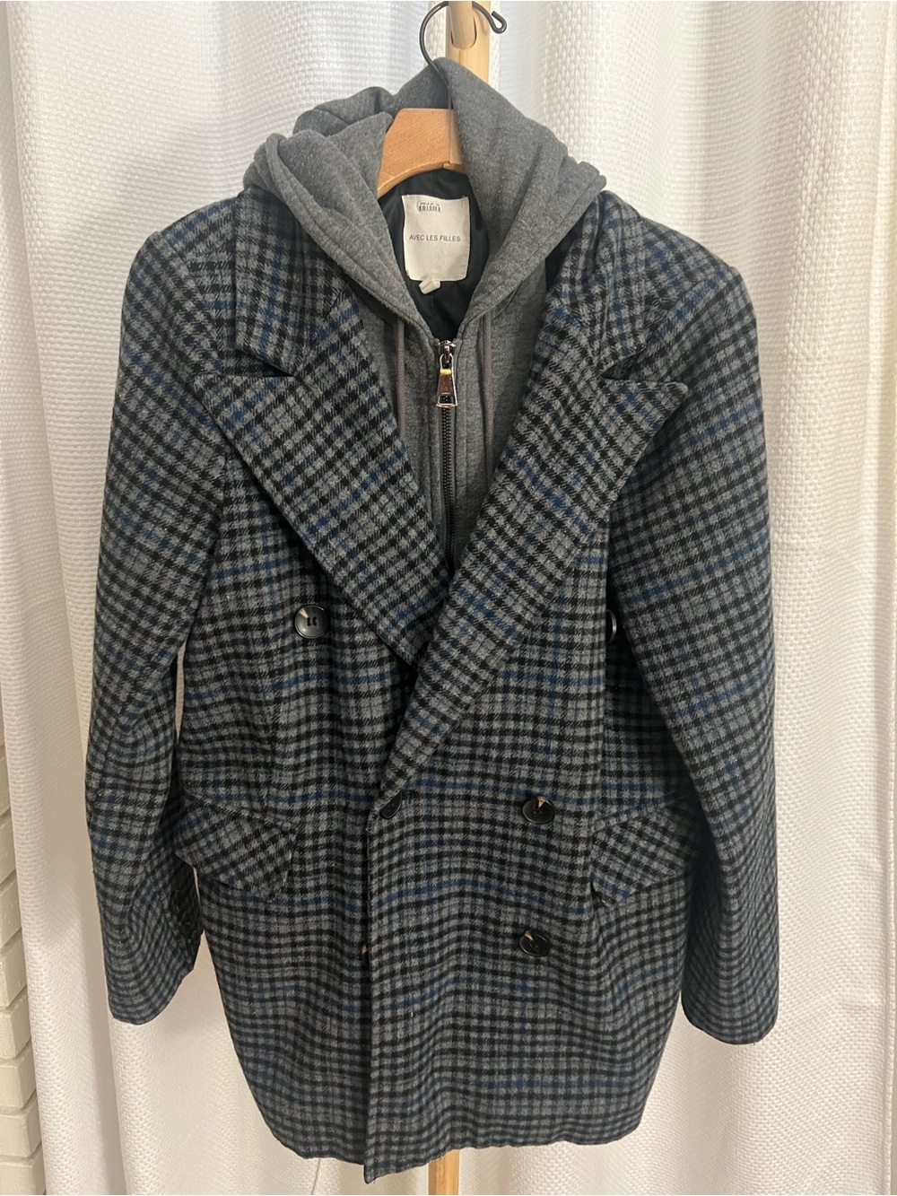 AVEC LES FILLES -Double Breasted  Plaid Wool Coat with Hooded Layer - Gray/Blue